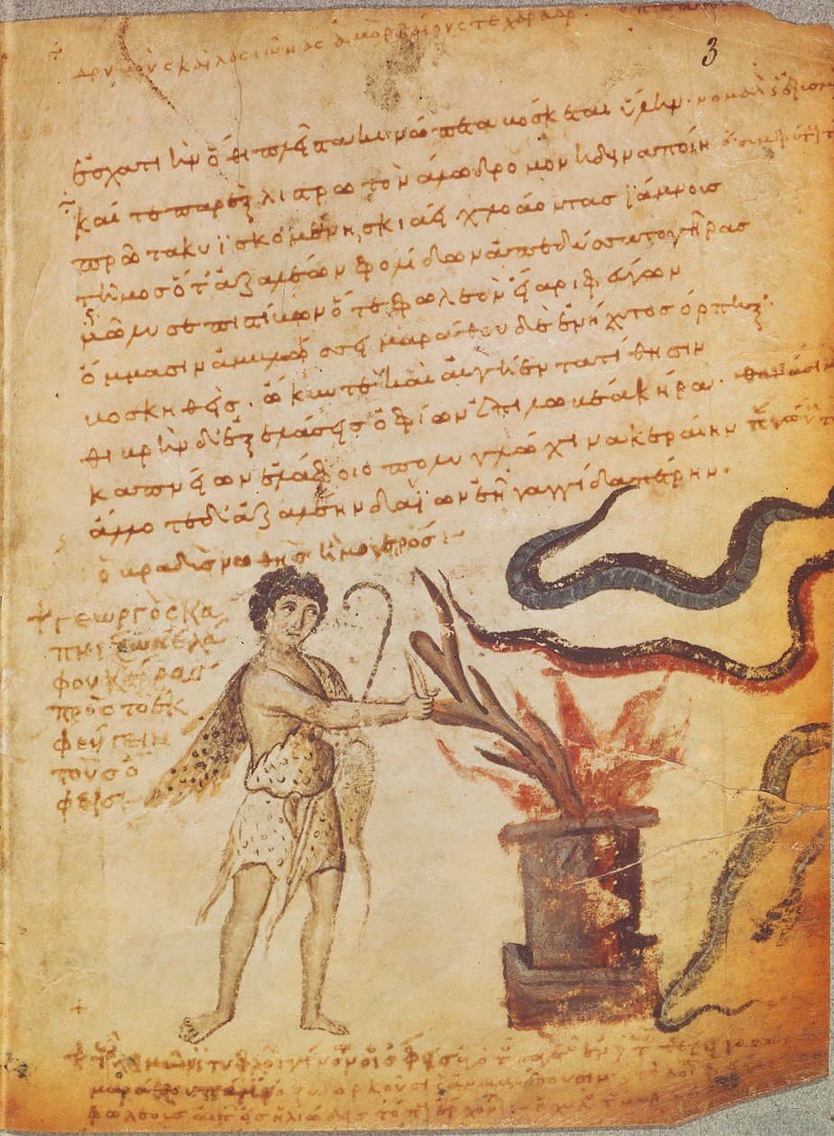 Ms Supp Grec 247 fol.3 Egy pásztor, aki agancsot éget, hogy elűzze a kígyókat, a colophoni Nicander Theriaca-ból (Kr. e. 2. század) alkotó: Byzantine
