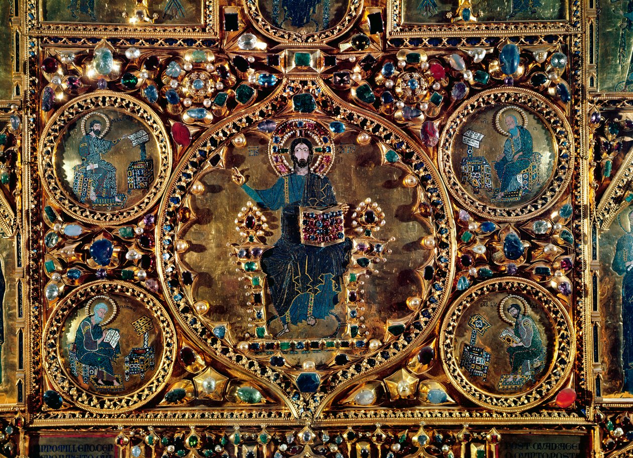 A Pala dOro, a Krisztus a Fenségben részlete az evangélistákkal arannyal és drágakövekkel kirakott zománccal alkotó: Byzantine