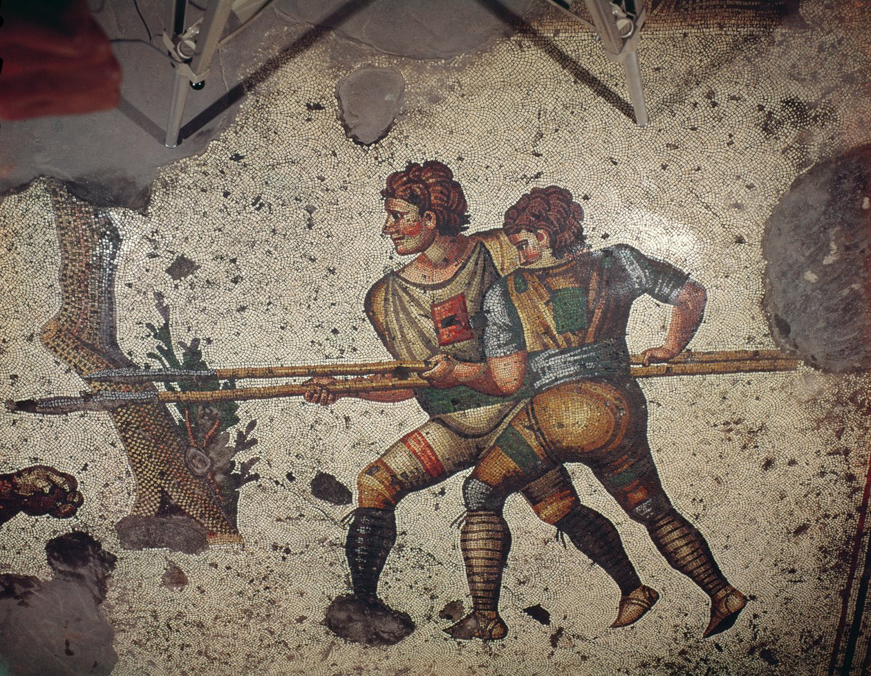 Két férfi harcol egy tigrissel, padlóburkolat a nagy császári palotából, Konstantinápoly, 5-6. század (mozaik) alkotó: Byzantine