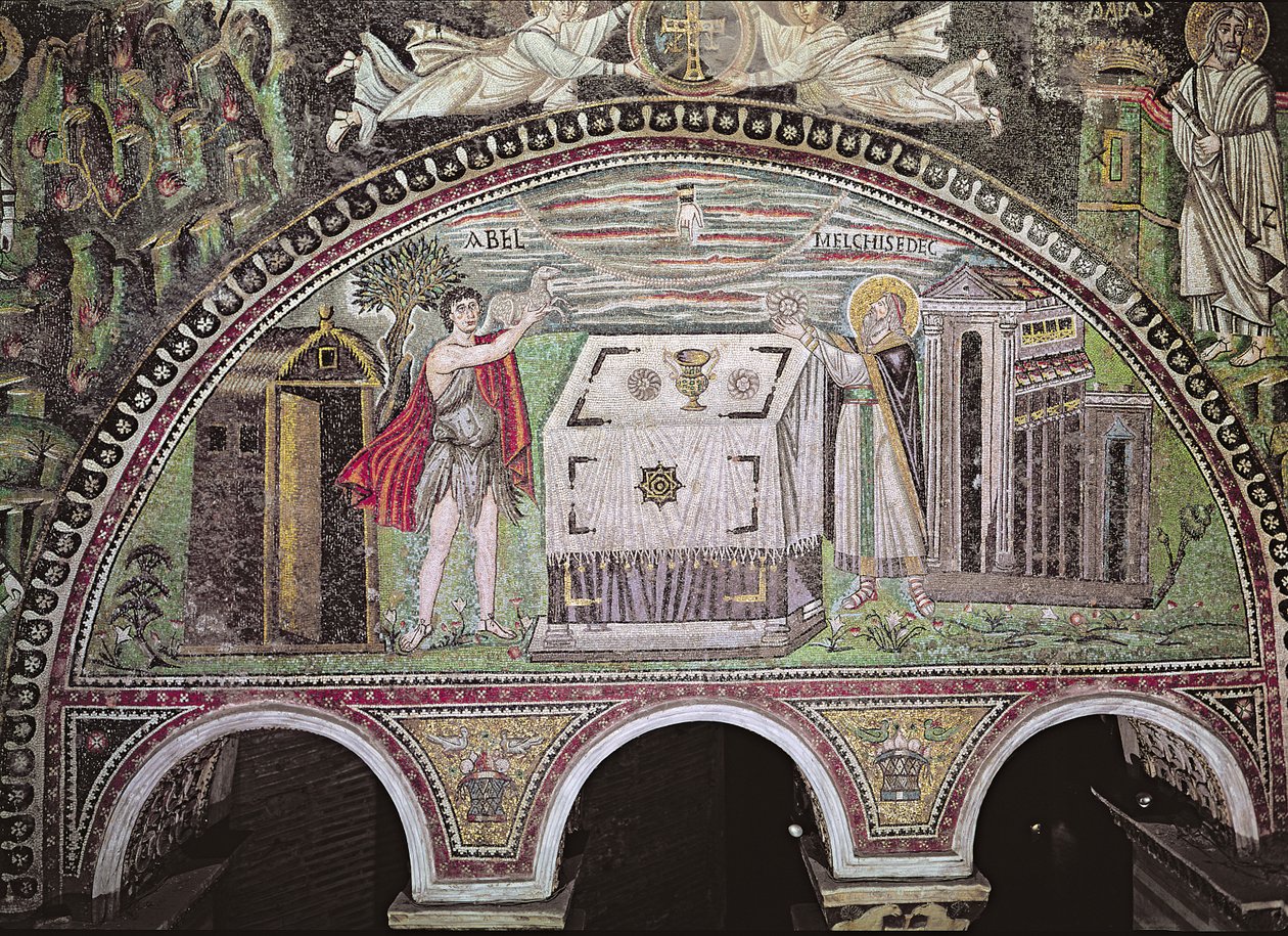 Ábel bárányt áldoz és Melkizedek kenyeret áldoz az oltárnál, lunetta a bazilika déli falán (mozaik). alkotó: Byzantine School