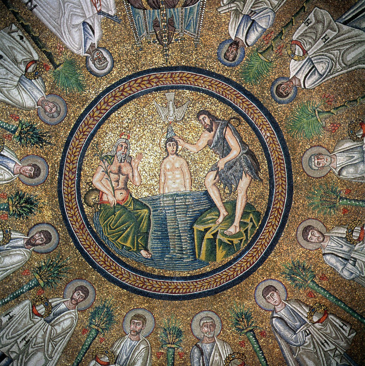 Krisztus keresztsége, a tizenkét apostollal körülvéve (mozaik) alkotó: Byzantine School