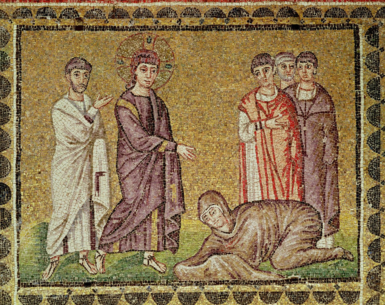 Jézus meggyógyítja a vérző nőt, jelenetek Krisztus életéből (mozaik) alkotó: Byzantine School