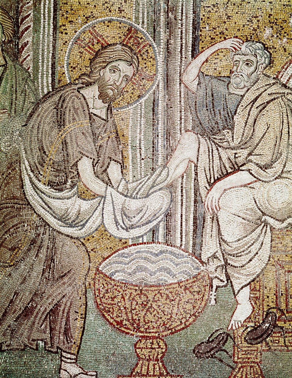 Jézus és Szent Péter, részlet az apostol lábát mosó Jézustól (mozaik) alkotó: Byzantine School