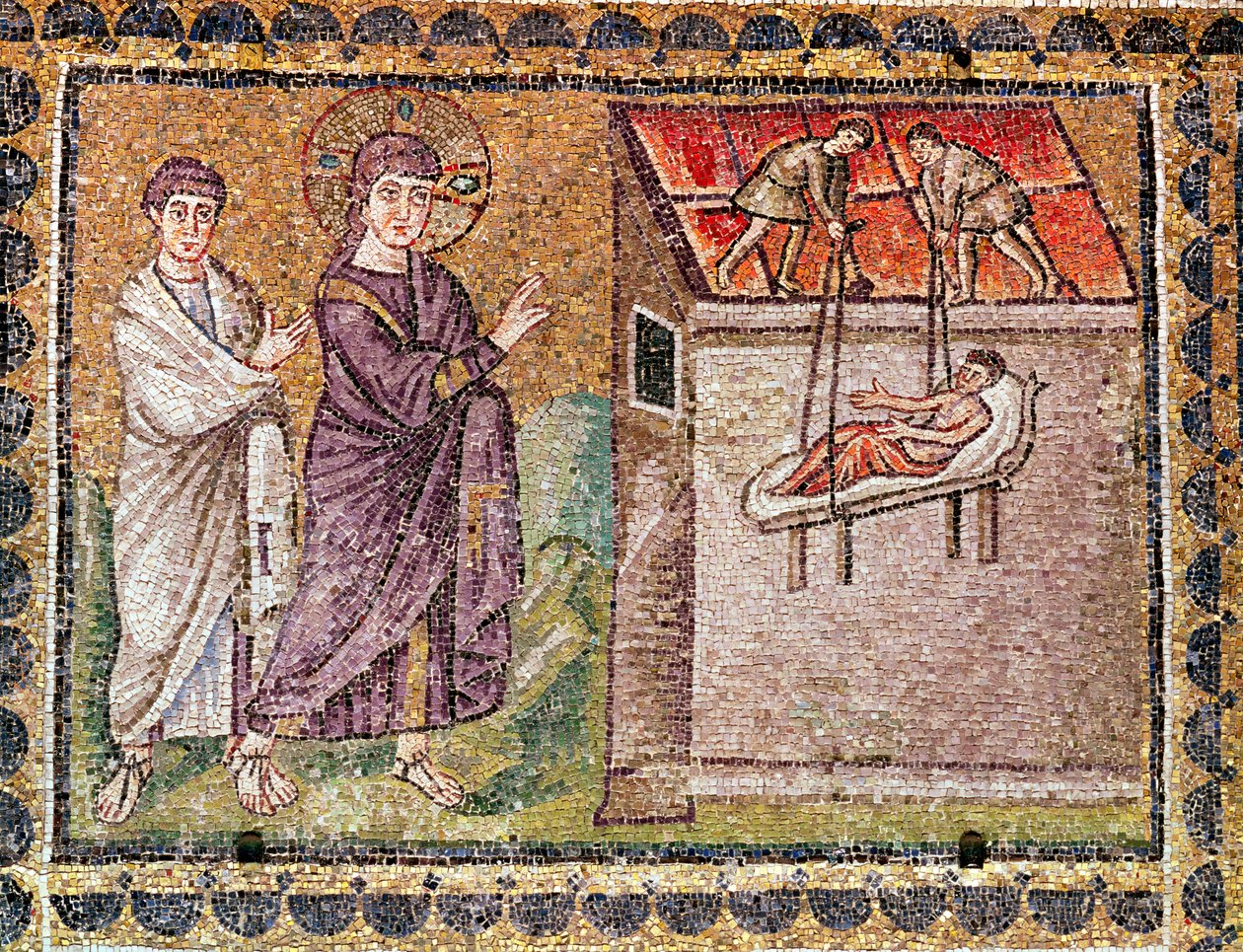 A kapharnaumi béna leereszkedik a tetőről, Jelenetek Krisztus életéből (mozaik) alkotó: Byzantine School