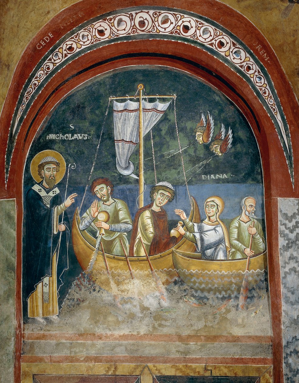 Szent Miklós jelenése a hajótörött utazóknak, Részlet Szent Miklós életének történeteiből, bizánci stílusú román freskók, 11. század vége, Szent Eldrad és Szent Miklós kápolna, Novalesa apátság, Piemont, Olaszország alkotó: Byzantine