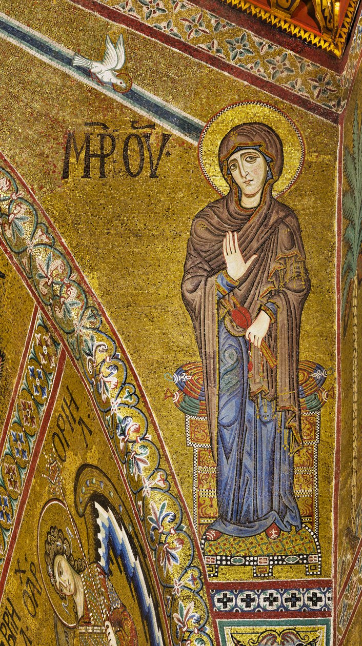 Apszis: Szűz, bizánci mozaik bejelentése arany háttérrel az apszis timpanonjában (mozaik) alkotó: Byzantine
