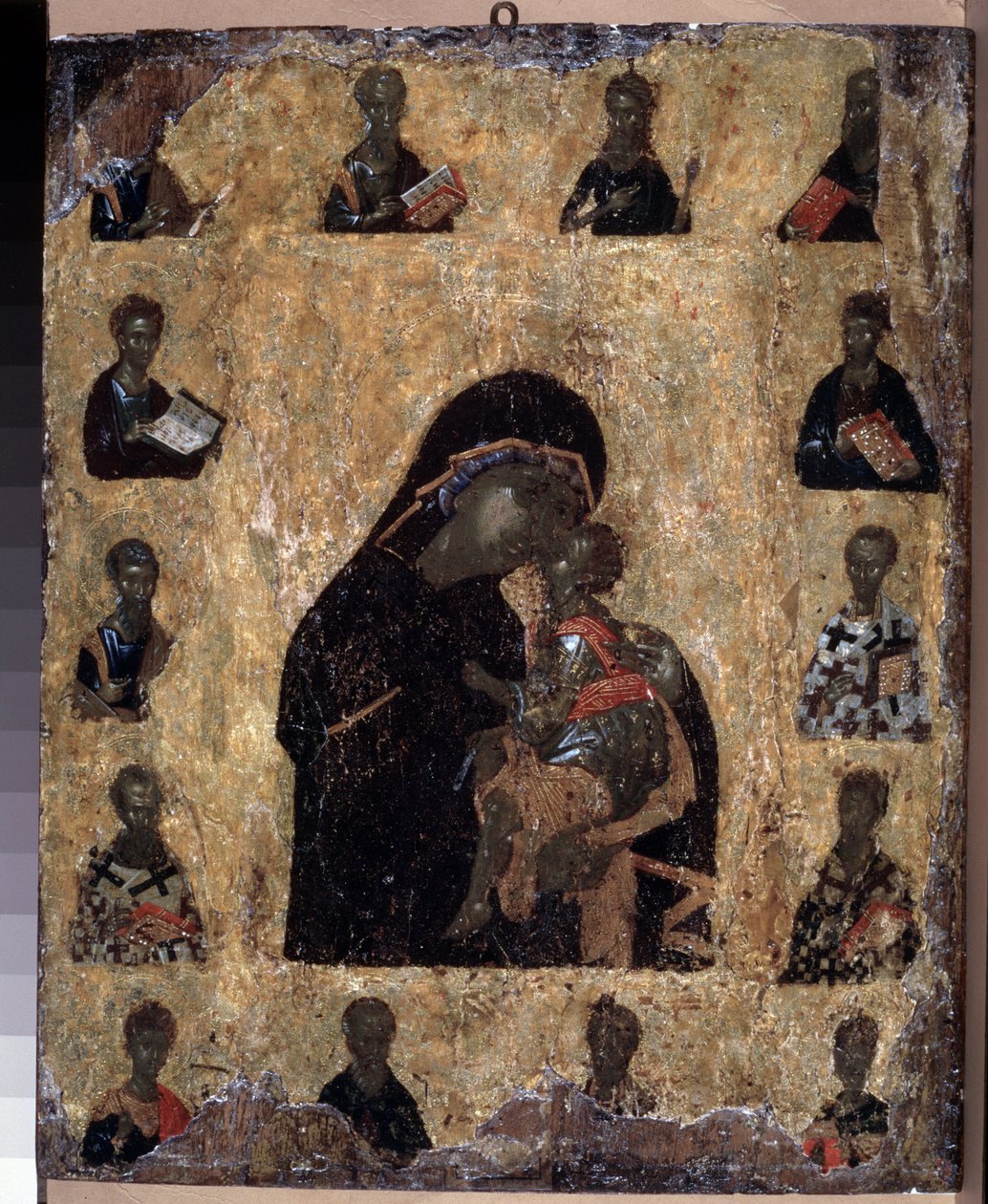 Bizánci művészet: "A gyengédség szűze a szentekkel" vagy "Eleousa Szűz" (A szentekkel való gyengédség szűze (The Virgin Eleusa) 14. századi ikonikus Ermitázs Múzeum, Szentpétervár (Szentpétervár) alkotó: Byzantine
