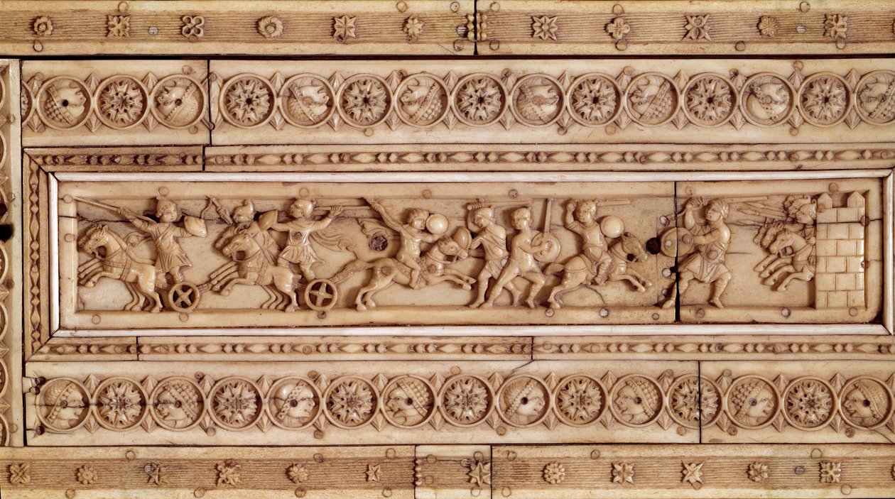 A Bizánci Birodalom művészete: Harci jelenet. Elefántcsont domborműves harisnya. Egy doboz felső része (10. század). Musee Cluny, Párizs. alkotó: Byzantine