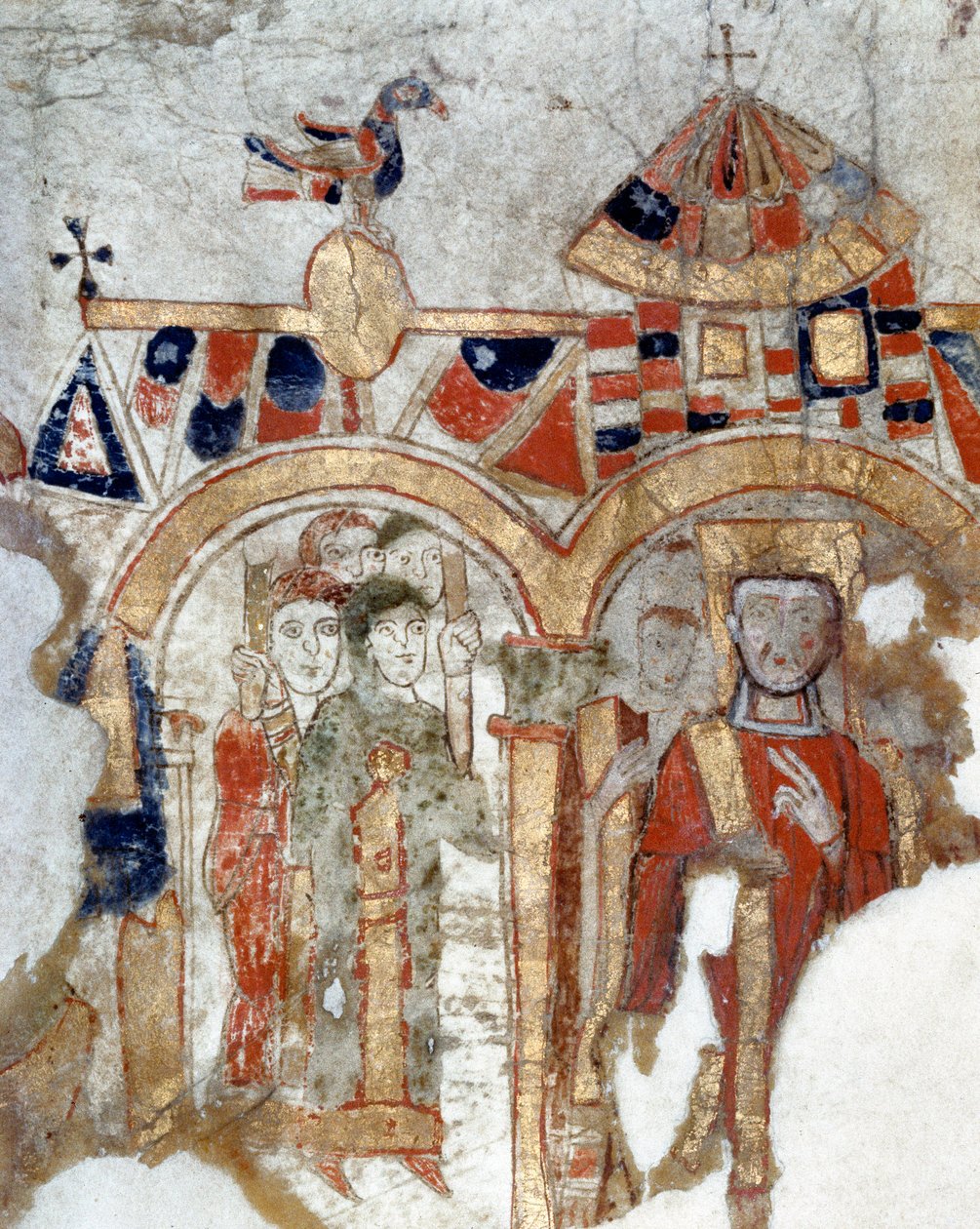 Bizánci művészet: „” Diakónus és fideles körmenetben a templomba”” Miniatűr az „Exultet”-ből” a 11. század elejéről Museo Diocesano, Gaeta alkotó: Byzantine