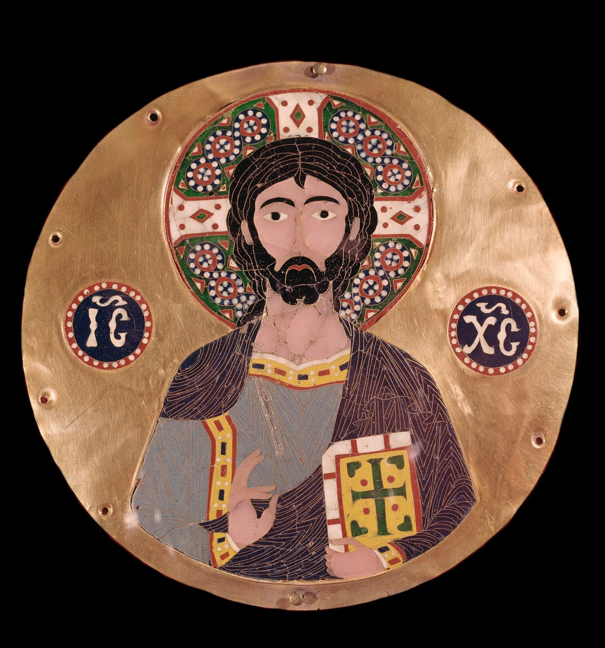 Bizánci művészet: „” christ pantocrator”” (Krisztus a dicsőségben) Jézus Krisztus aureoláját kereszt jelzi, és az ICXC krisztogramon olvasható - 10. századi zománc Madrid, Museo Lazaro Galdiano - Bizánci művészet: Christ Pantocrator (Krisztus) a dicsőségbe alkotó: Byzantine