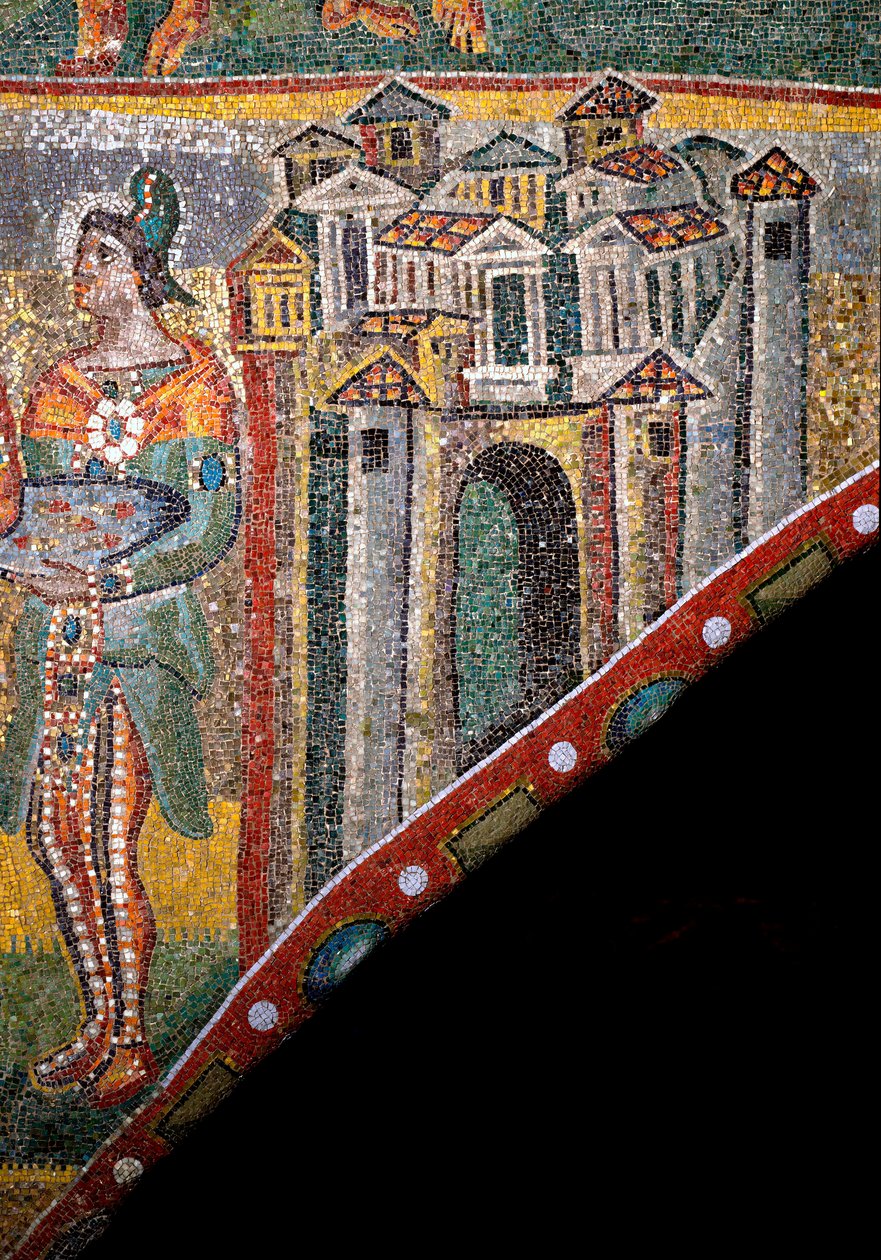 Keresztény művészet: „A mágusok imádása””. A táj részlete. V. századi mozaik. Diadalív, Santa Maria Maggiore-bazilika (Szent Mária Major), Róma. alkotó: Byzantine