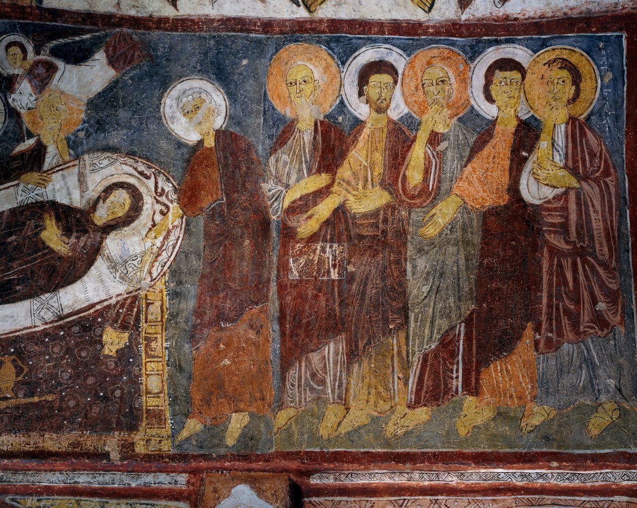 Szűzanya az apostolok között, részlet, bizánci freskó (13. század), Gulsehir Karsi Kilise (Szent János-templom), Göreme (unesco világörökségi lista) alkotó: Byzantine