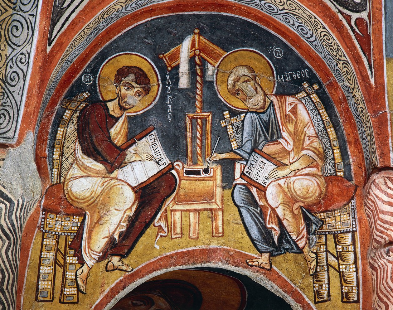 Márk és János evangélisták evangéliumokat írnak, Karanlik Kilise (Sötét templom) (XII-XIII. század), Göreme (az UNESCO világörökségi listája) alkotó: Byzantine