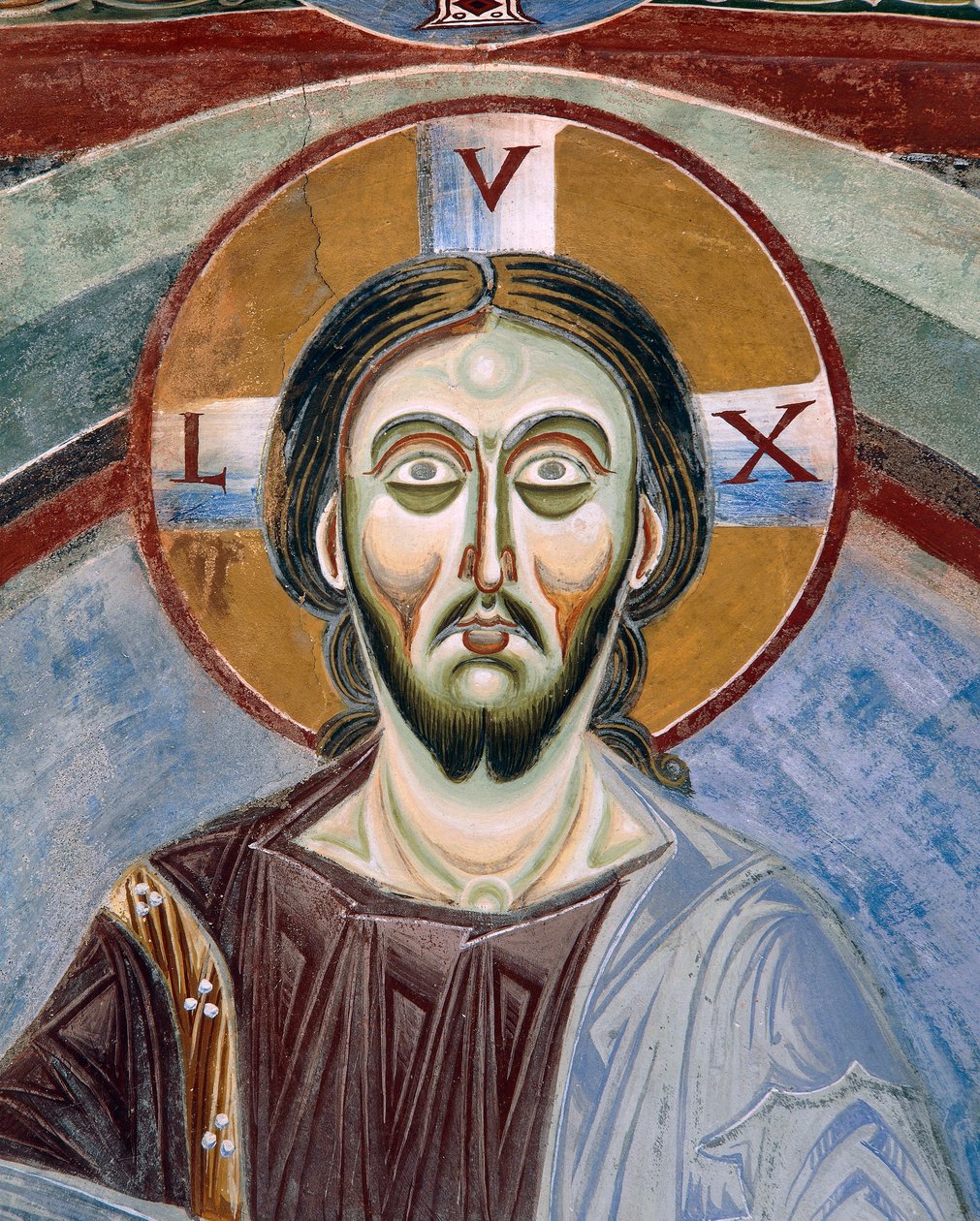 Pantokrátor Krisztus arca, Bizánci stílusú román freskók részlete, 11. század vége, Szent Eldrad és Szent Miklós kápolna, Novalesa apátság, Piemont, Olaszország alkotó: Byzantine