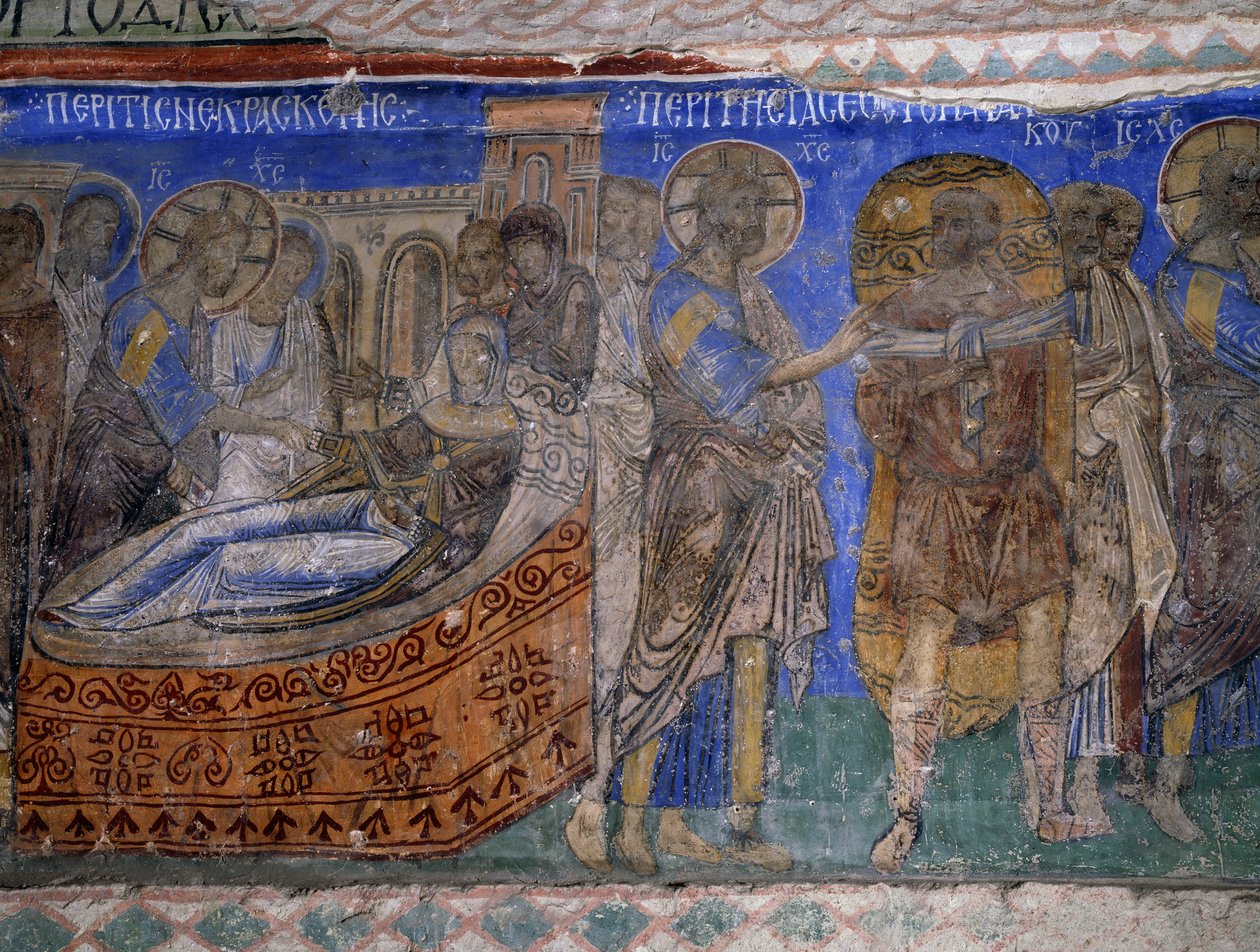 Simon Péter anyósának és bénult emberének gyógyulása, bizánci freskó (XII. század), Tokali Kilise (Csatos templom) (XII-XIII. század), Göreme (az Unesco világörökségi listája) alkotó: Byzantine