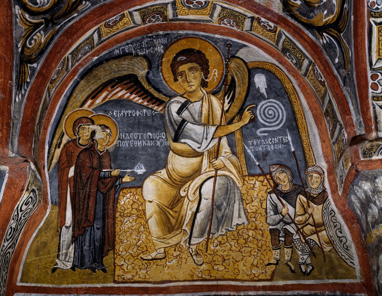 Szent nők a sírnál és angyal megjelenése, bizánci freskó (XII. század), Karanlik Kilise (Sötét templom) (XII-XIII. század), Göreme (az UNESCO világörökségi listája) alkotó: Byzantine