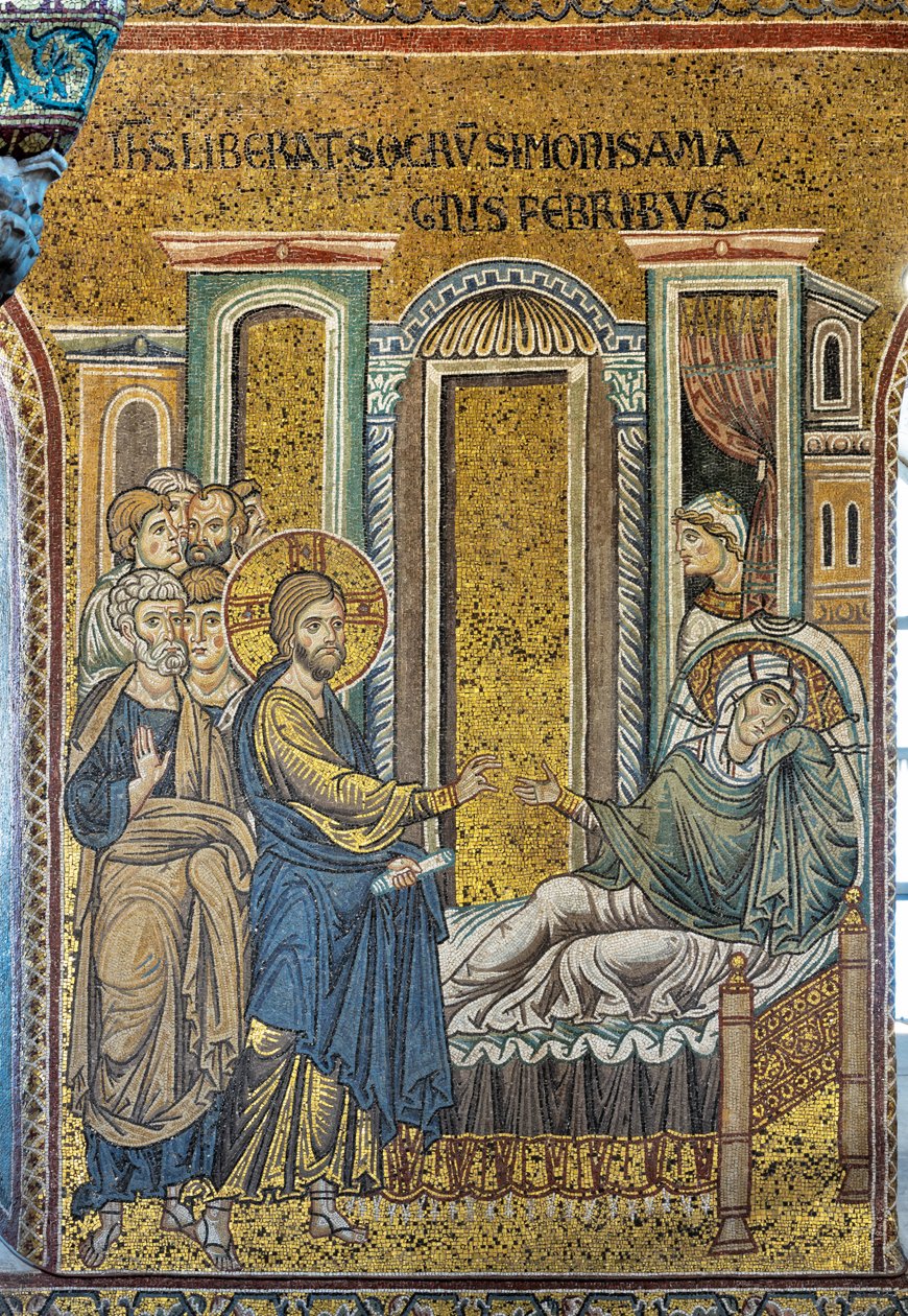 Jézus Simon anyósát gyógyítja lázból, bizánci mozaik, Epizódok Krisztus életéből, XII-XIII. század (mozaik) alkotó: Byzantine