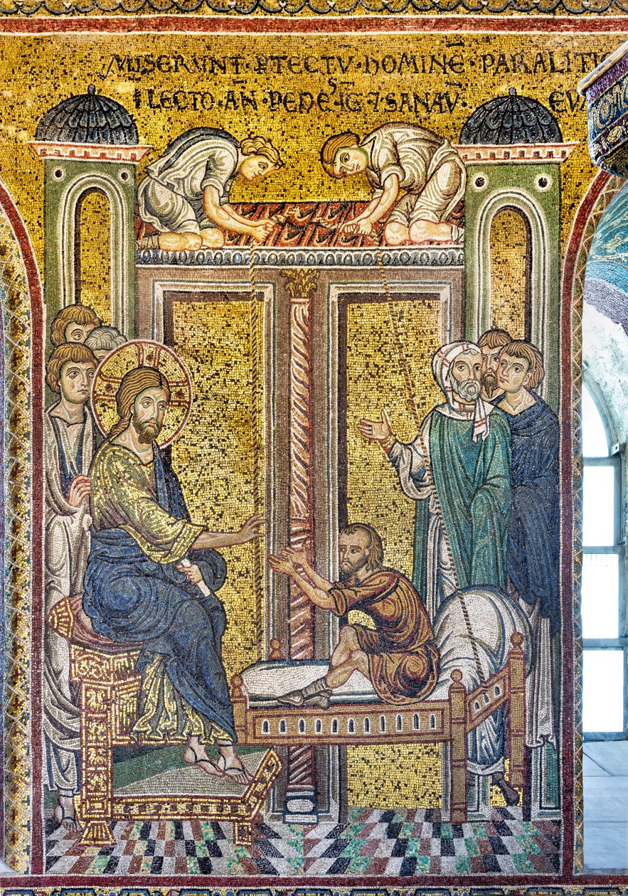 Jézus a bénítót gyógyítja, bizánci mozaik, Epizódok Krisztus életéből, XII-XIII. század (mozaik) alkotó: Byzantine