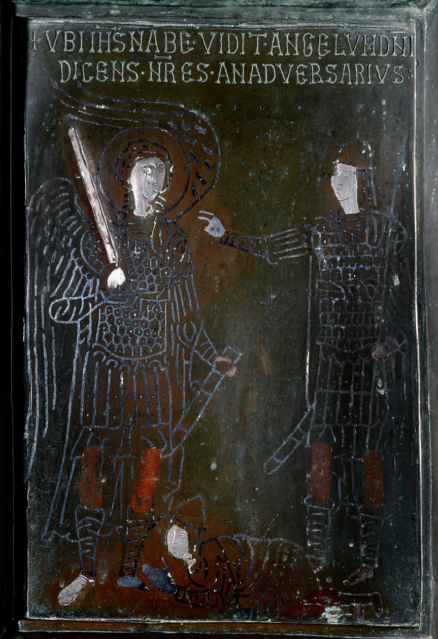 Josue találkozik egy bronz ajtócsempés angyallal, amelyet Konstantinápolyban készítettek 1076-ban. Monte Sant 