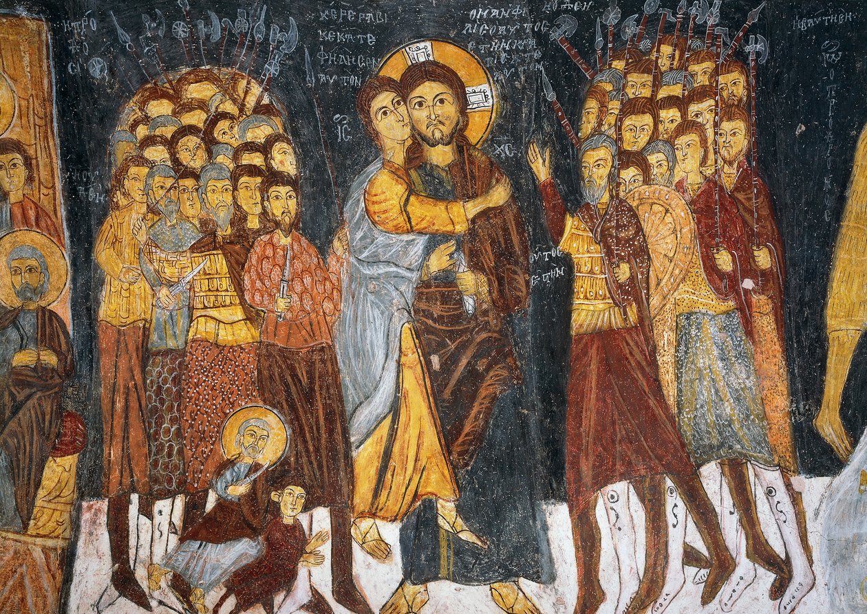 Júdás csókja, bizánci freskó (1212), Gulsehir Karsi Kilise (Szent János-templom), Göreme (az UNESCO világörökségi listája) alkotó: Byzantine