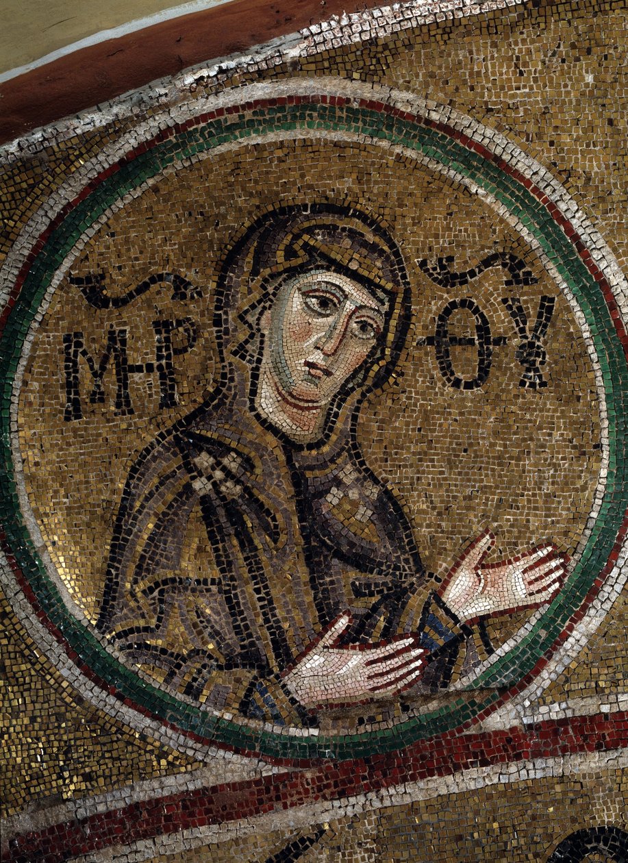 A Szűz Oranta (ortodox keresztény ábrázolás Szűz Máriáról, kitárt karral imádkozik) (The Virgin Orans). Egy bizánci mester mozaikja, 1037-1050 körül, óorosz művészet. A kijevi Szent Szófia-székesegyház kórusának boltozata (Ukrajna). alkotó: Byzantine