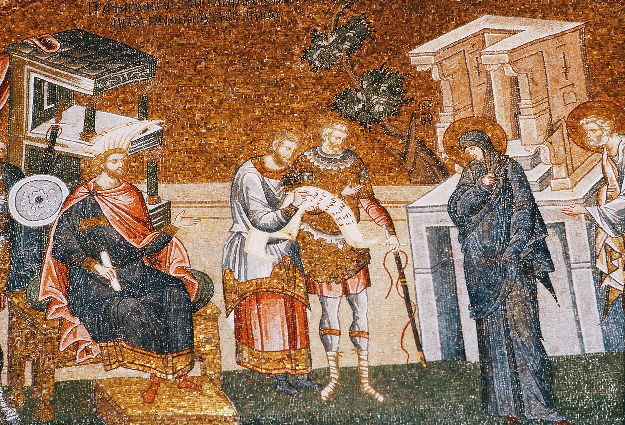 Mária és József, mielőtt Cyremius beiratkozott volna az adózásra, egy őrrel, egy írnokkal és egy tiszttel, kb. 14. század (mozaik) (119636-os részlet) alkotó: Byzantine