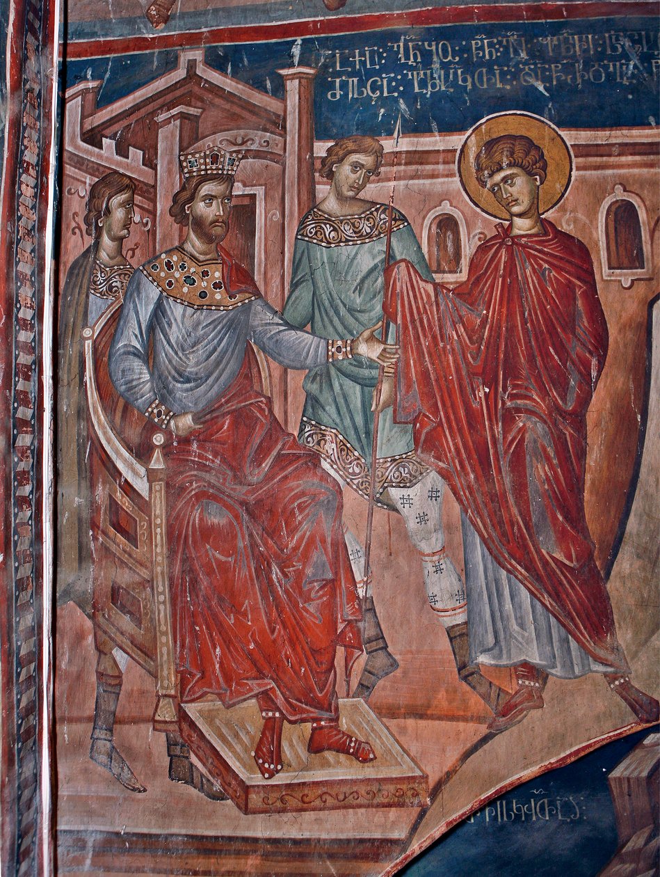 Szent György Diocletianus császár előtt (244-311) - Szent György Diokletianus császár előtt - Damiane festménye (aktív 14. század) - 14. század - Freskó - Szent György kolostor, Ubisi ©FineArtImages/Leemage alkotó: Byzantine