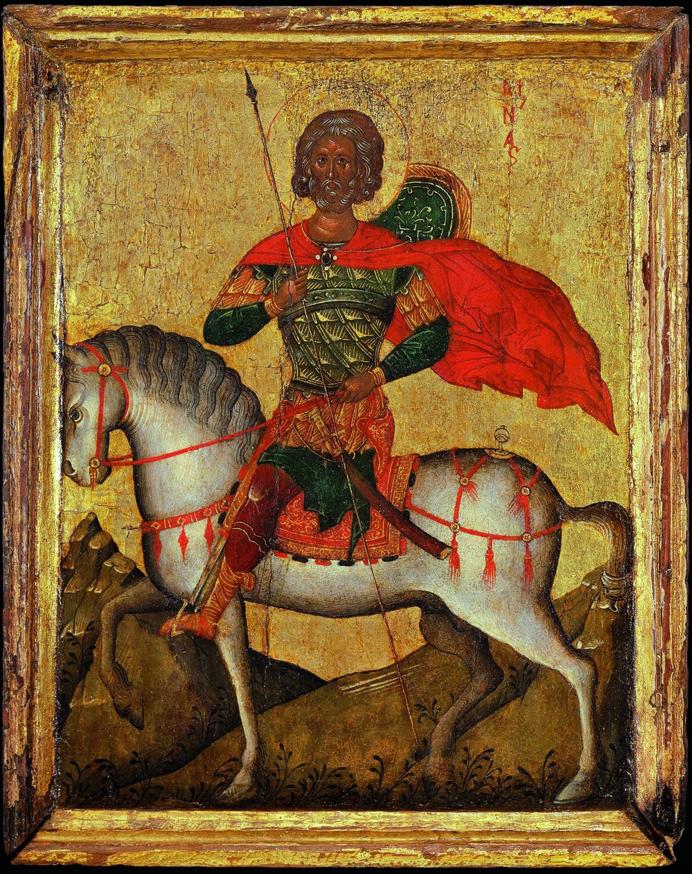 Saint Menas (Minas, Mina, Mena, Mennas, 285-309) lóháton - bizánci ikon. Tempera táblán, 15. század közepe. Mérete: 27,3x22 cm Ikonen Múzeum Recklinghausen alkotó: Byzantine