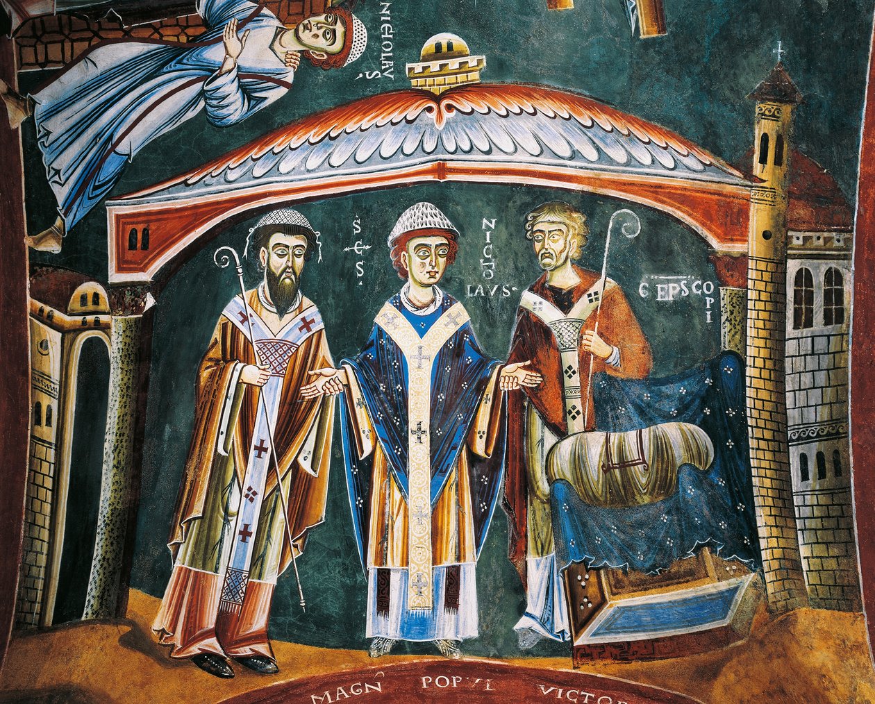 Szent Miklós Myra püspökének szentelt, Részlet Szent Miklós történeteiből, Román freskó, bizánci stílus, 11. század vége, Szent Eldrad és Szent Miklós kápolna, Novalesa apátság, Piemont, Olaszország. alkotó: Byzantine