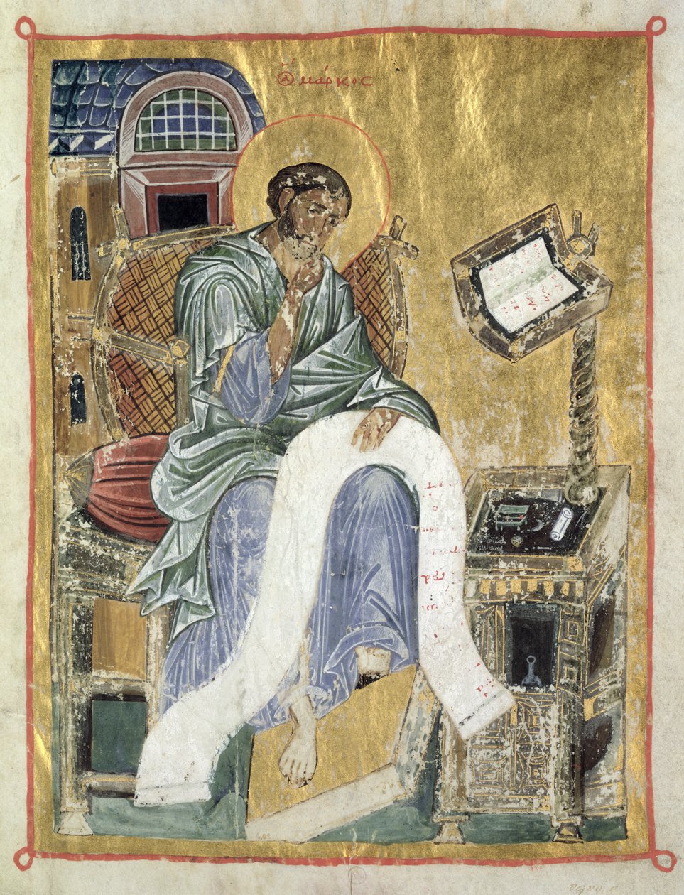 Szent Márk írja evangéliumát (zsoltárlevél) (pergamen) alkotó: Byzantine