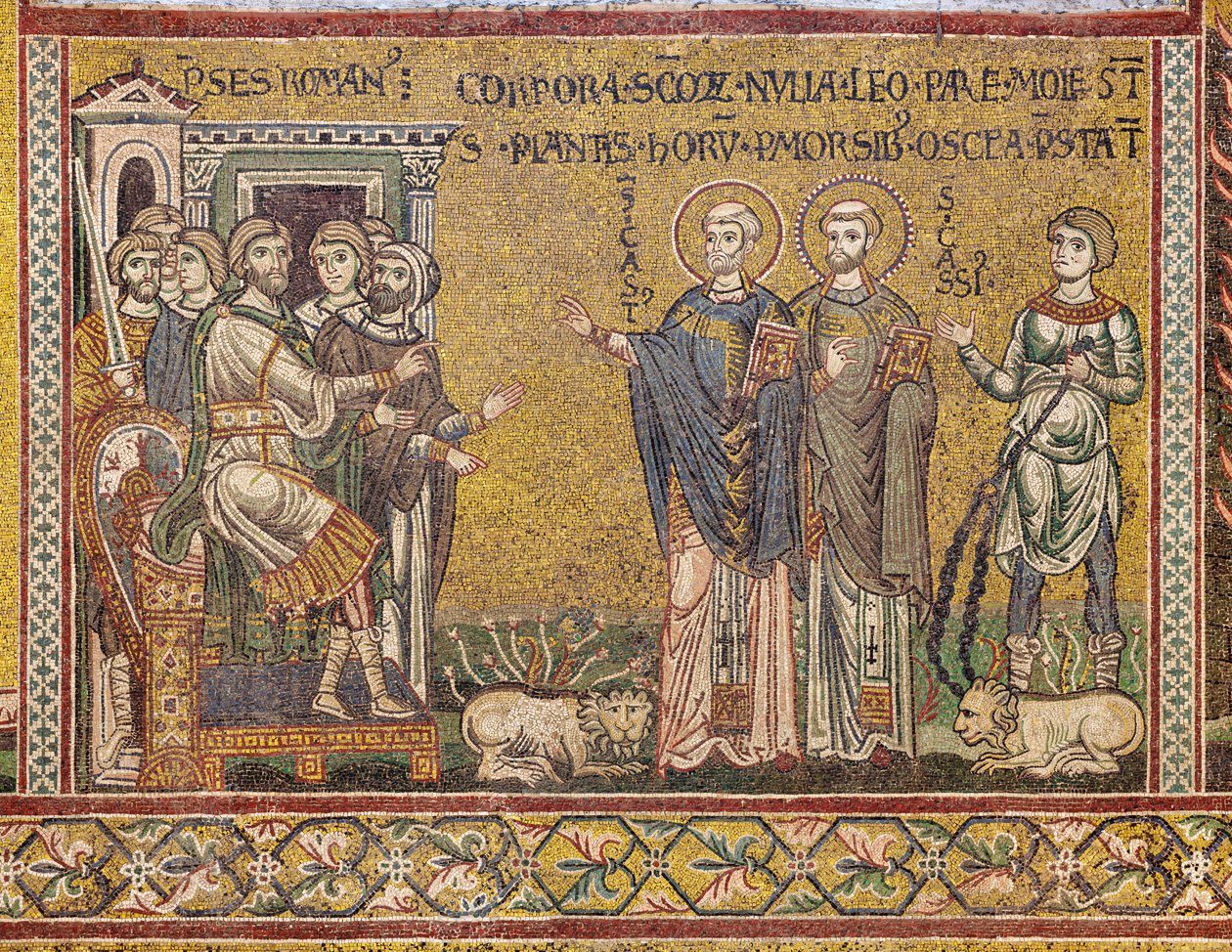 Szent Cassius és Szent Casto a császár előtt, bizánci mozaik, XII-XIII. század, az ellenhomlokzaton (mozaik) alkotó: Byzantine