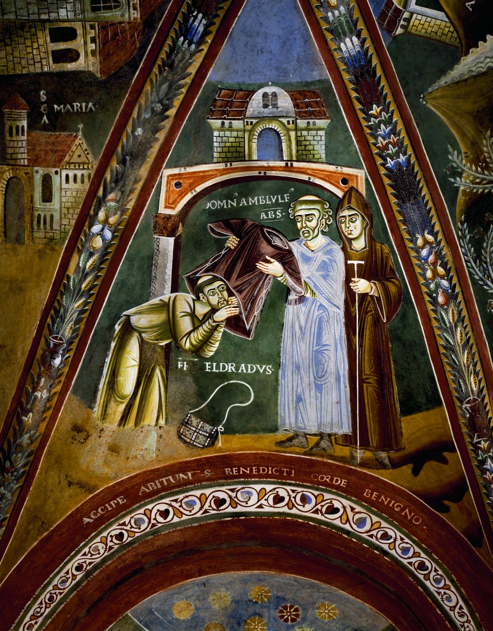Szent Miklós, Szent Eldrad és Szent Miklós élettörténetei, Szent Eldradó Compostelai Szent Jakab felé fordult: szerzetesi szokást kapott Novalesai apáttól, részlet alkotó: Byzantine