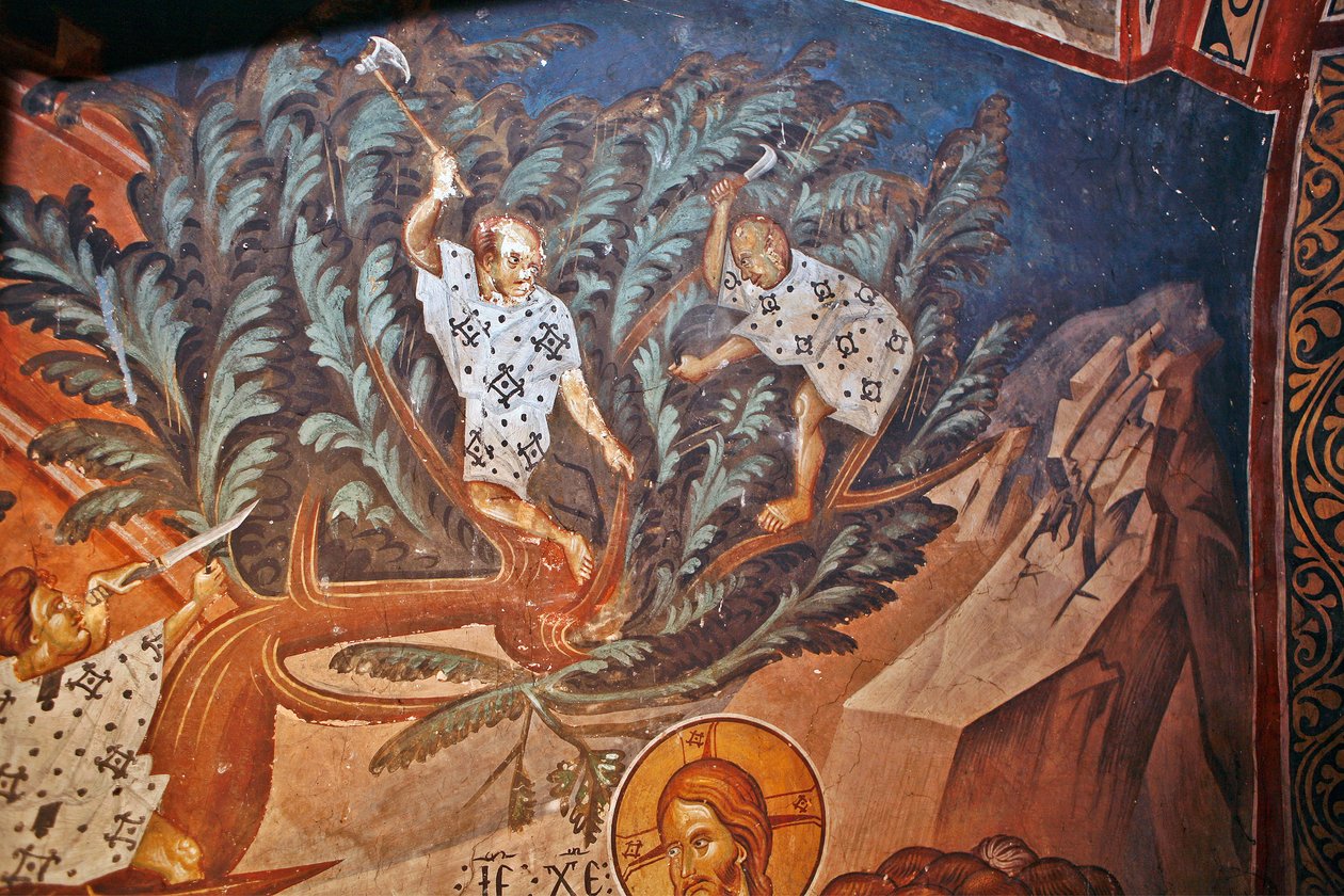 Krisztus belépése Jeruzsálembe. Részlet: Gyermekek pálmaágakat vágnak - Peinture de Damiane (aktív 14. század) - 14. század - Freskó - Szent György-kolostor, Ubisi ©FineArtImages/Leemage alkotó: Byzantine