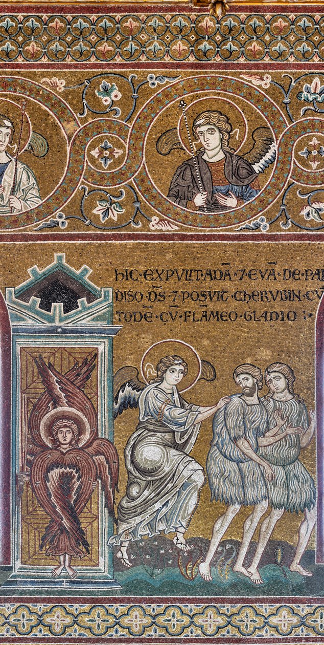 A kiűzetés a földi paradicsomból, bizánci mozaik, ószövetségi ciklus – földi paradicsom, XII-XIII. század (mozaik) alkotó: Byzantine