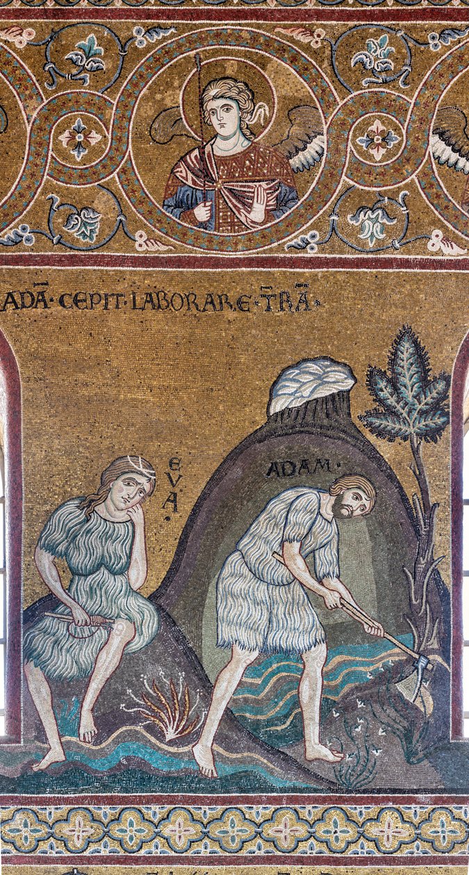 Ádám és Éva munkája, bizánci mozaik, Ószövetségi ciklus – Földi Paradicsom, XII-XIII. század (mozaik) alkotó: Byzantine