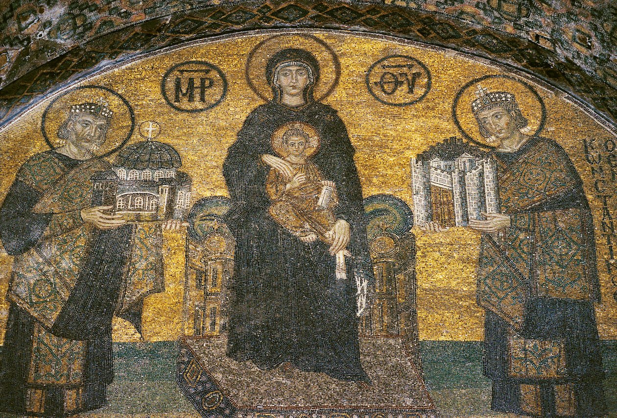Szűz és gyermek Justinianus és Konstantin császár között a Hagia Sophiában (mozaik) alkotó: Byzantine
