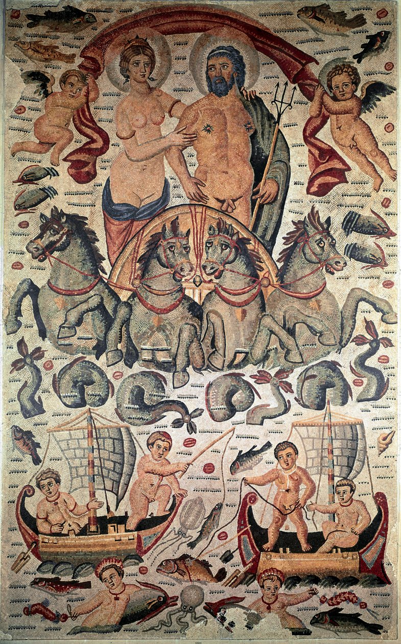 Bizánci művészet: Neptunusz és Amfitrit diadala. A Neptunusz és az Amphitrite meztelenül egy tankon, amelyet négy tengeri ló lőtt ki. 3. századi mozaik. Mérete: 3,1x1,96 m. Louvre Múzeum, Párizs alkotó: Byzantine Byzantine