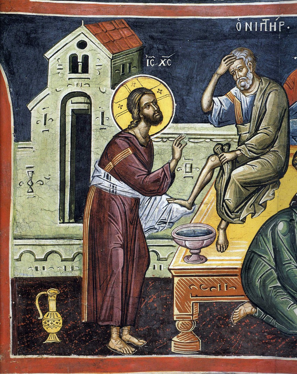 Az apostolok lábát mosó Krisztus - Bizánci Mester - 16. század - Freskó - Dionysiou kolostor, Athos-hegy alkotó: Byzantine Byzantine