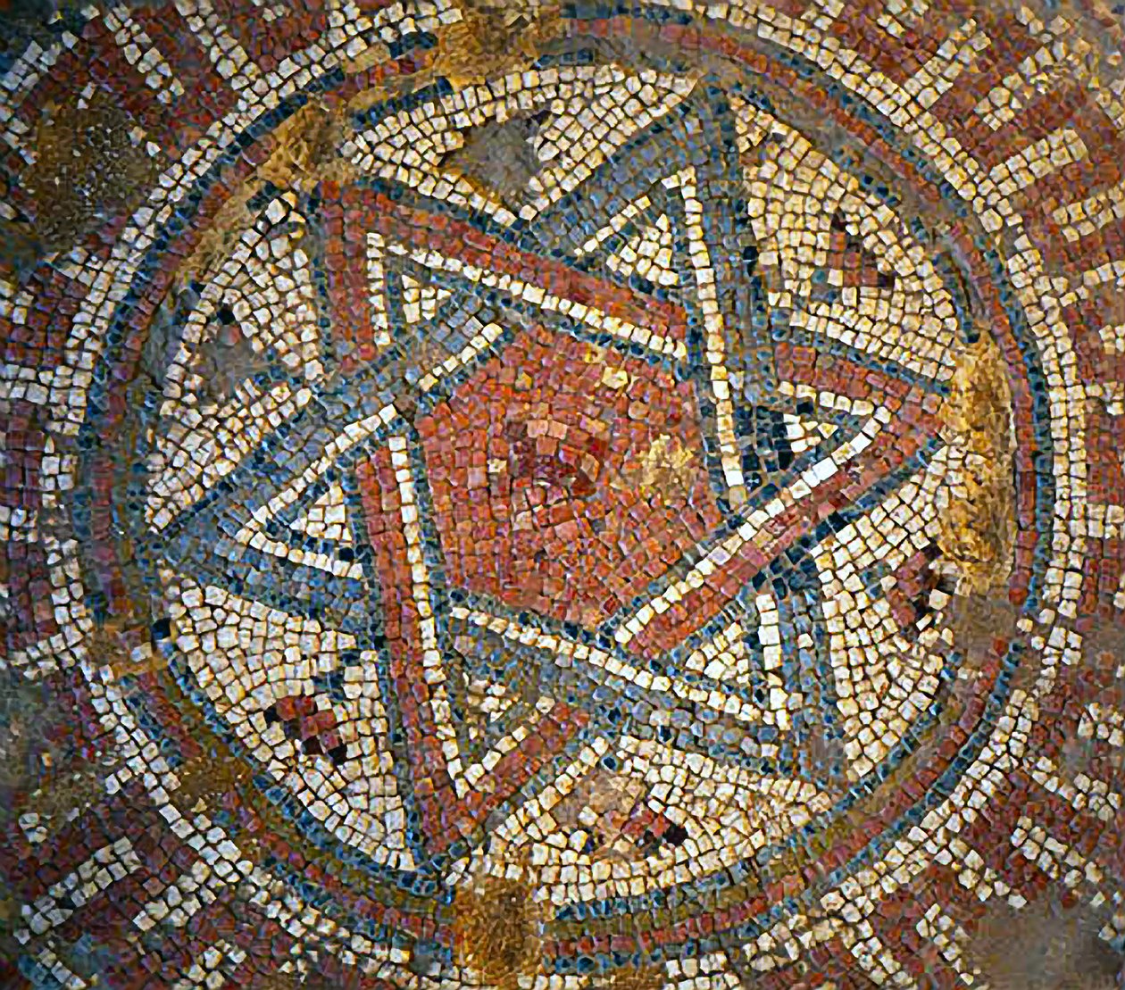 Részlet egy mozaikpadlóról, amely Dávid-csillagot ábrázol egy bizánci templom Shiloh-ban, Ciszjordániában, Kr.u. IV. században (mozaik) alkotó: Byzantine Byzantine