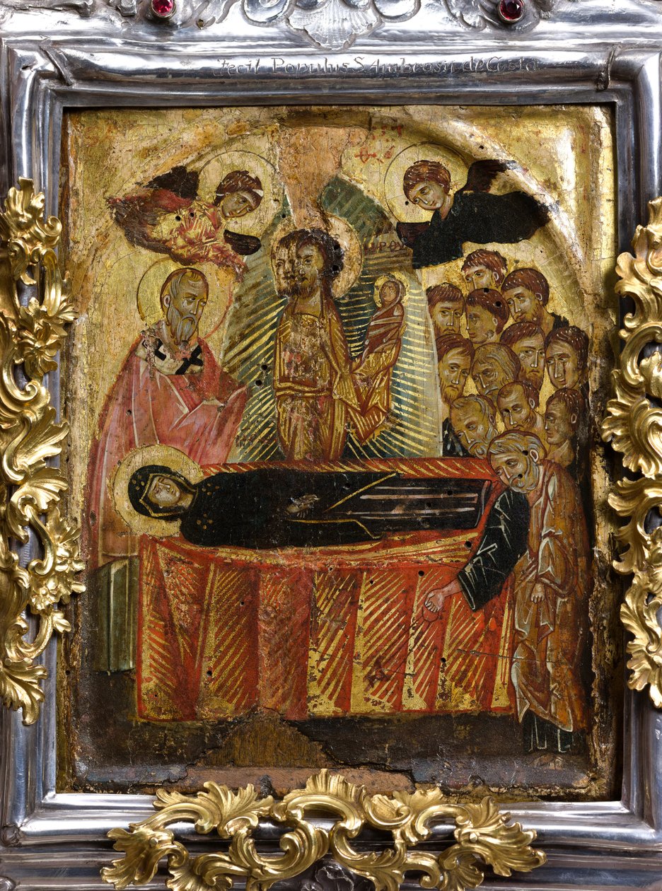 Görög-bizánci ikon a Nagyboldogasszony vagy Szűz Mária mennybevételéről, a 11. század előtt (festmény nyárfára). alkotó: Byzantine Byzantine