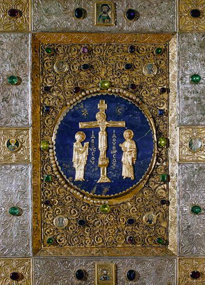 Krisztust ábrázoló ikon a Szűzanya és Keresztelő Szent János kereszten, a négy evangélista medalionjával alkotó: Byzantine Byzantine