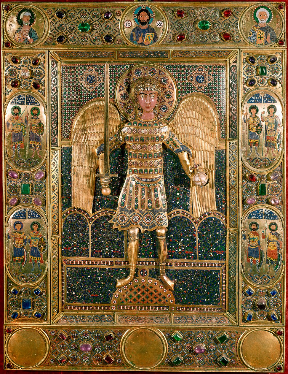 Bizánci művészet: Szent Mihály arkangyal ábrázolásának misekönyv-dekoréjának kötése - Arany levelek és Emaux alkotó: Byzantine School