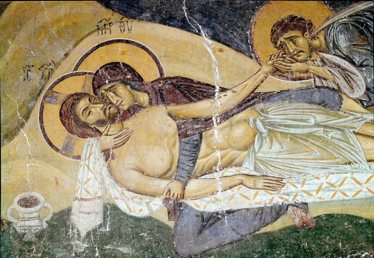 Bizánci művészet: „Siralom Krisztus haláláról”” Festő XII. századi freskója. Részlet. Nerezi, San Pantaleimone, Macedoine alkotó: Byzantine School
