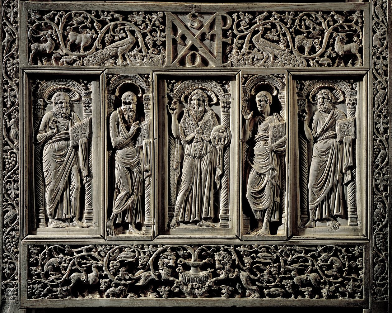 Bizánci művészet: "" Keresztelő Szent János és a négy evangélista"" a Ravenna Maximien (546-554) esperes (546-554) eskája székének alsó részlete elefántcsontban, valószínűleg egy konstantinápolyi Ravenna, Museo Arcivescovile (bizánci művészet) alkotó: Byzantine School