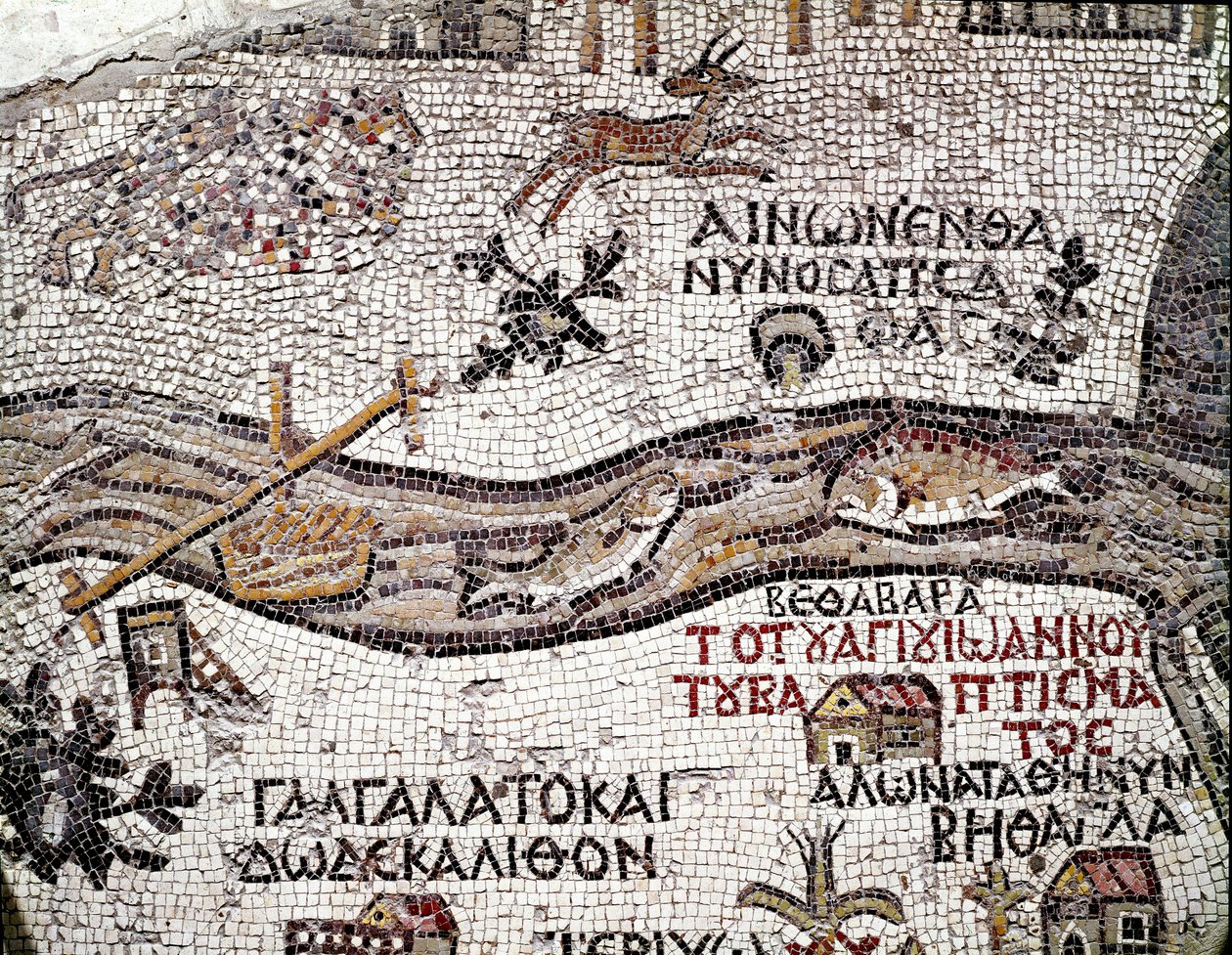 Bizánci művészet: Palesztina legrégebbi térképe. A Jordán folyót és a Holt-tengeri torkolatát ábrázoló részlet. 6. századi mozaik. Madaba, Szent György-templom alkotó: Byzantine School