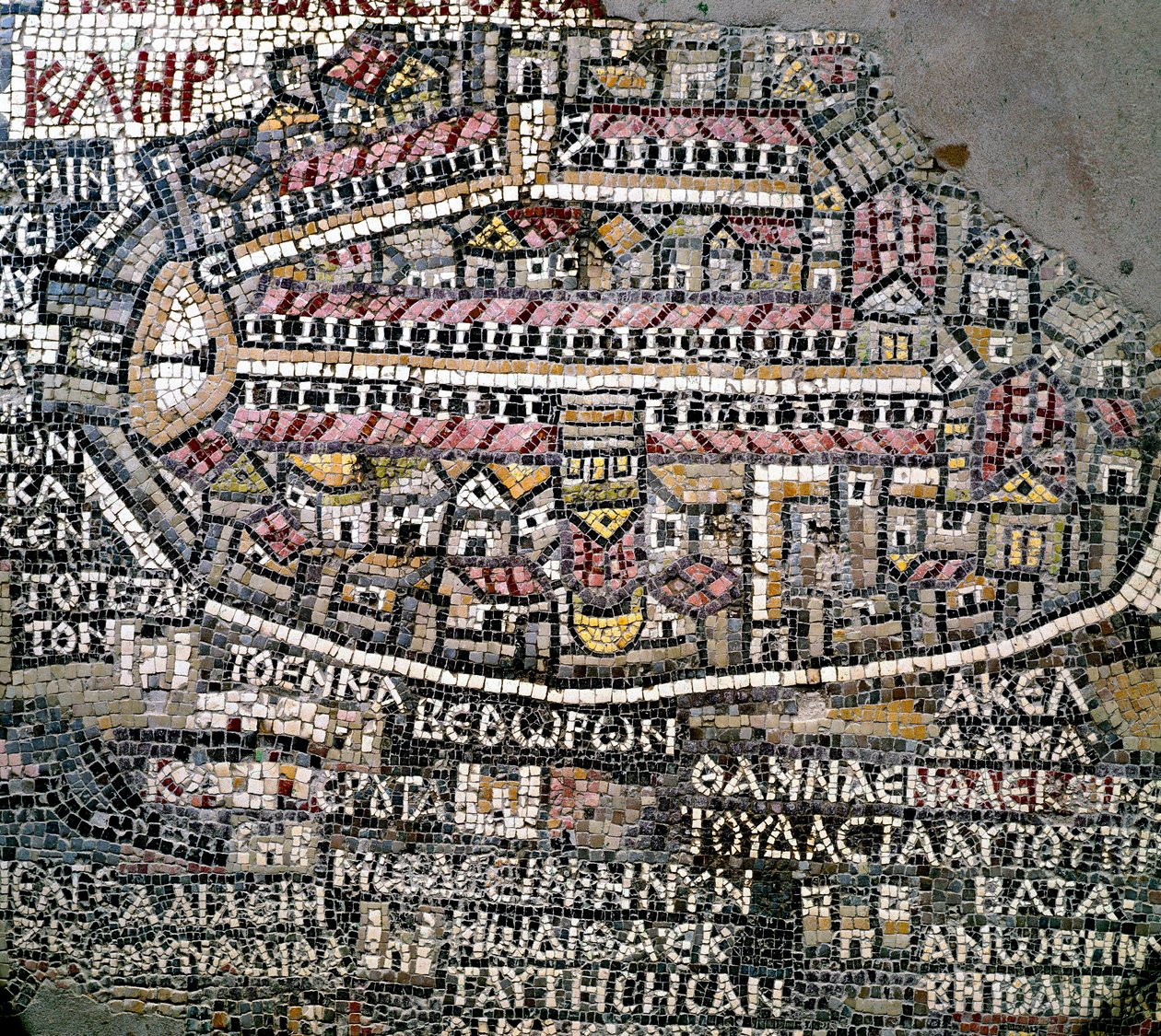 Bizánci művészet: Palesztina legrégebbi térképe. Jeruzsálemet ábrázoló részlet. 6. századi mozaik. Madaba, Szent György-templom alkotó: Byzantine School