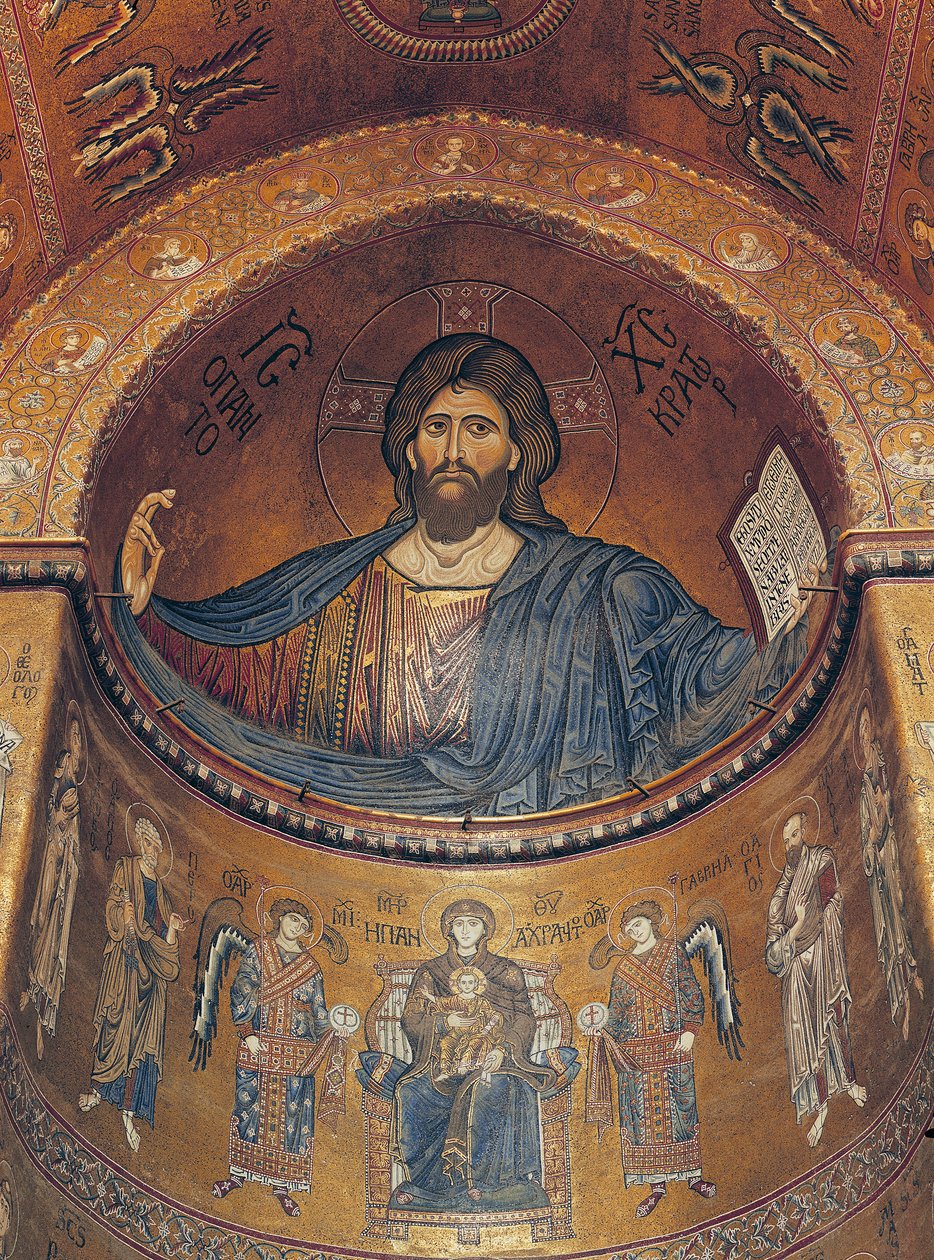 Pantokrátor Krisztus és az angyalokkal és apostolokkal trónoló Madonna a központi apszisból (mozaik) alkotó: Byzantine School
