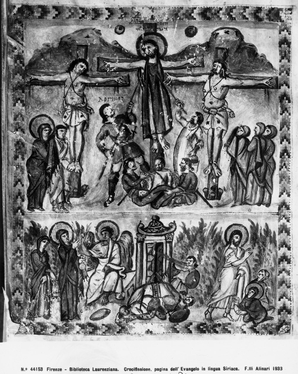 Keresztrefeszítés és feltámadás, a Rabula-evangéliumokból, i.sz. 586 alkotó: Byzantine School