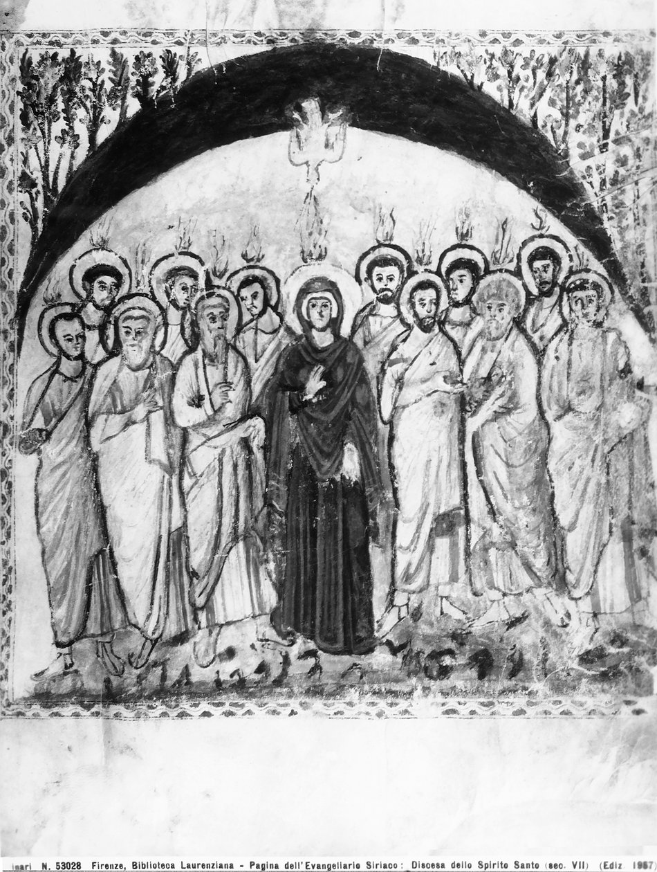 A Szentlélek leszármazása, fólió a Rabula-evangéliumokból, i.sz. 586 (tempera pergamen) alkotó: Byzantine School