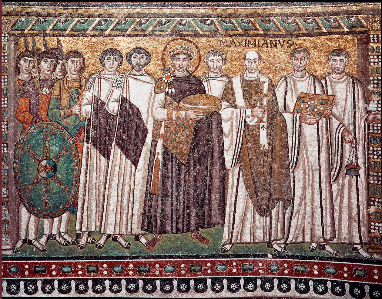 I. Justinianus császár és kísérete (hivatalnokok, őrök és papság), Kr.u. 547 körül (mozaik) alkotó: Byzantine School